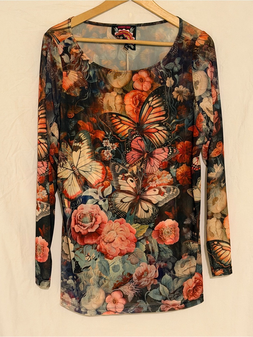 Johnny Was Teyros Mesh Long Sleeve Top Floral Butterfly Sheer Layering Tee 1X